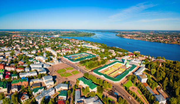 Kostroma city, Volga river aerial view stock photo