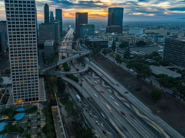 istock Los Angeles downtown freeway sunset aerial view 1445123330