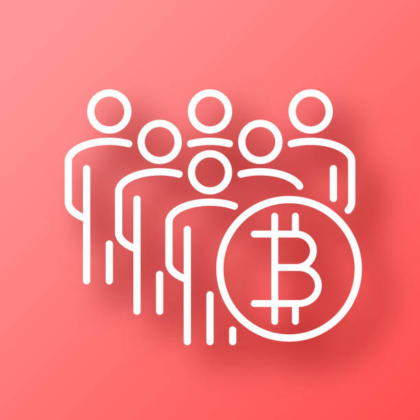 illustrations, cliparts, dessins animés et icônes de foule avec le signe bitcoin. icône sur fond rouge avec ombre - meeting business red backgrounds