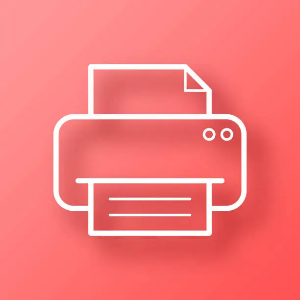 Vector illustration of Printer. Icon on Red background with shadow