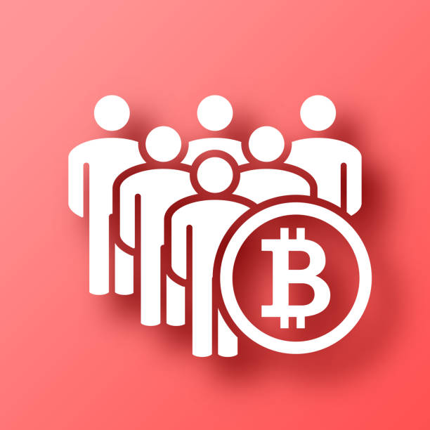 illustrations, cliparts, dessins animés et icônes de foule avec le signe bitcoin. icône sur fond rouge avec ombre - meeting business red backgrounds
