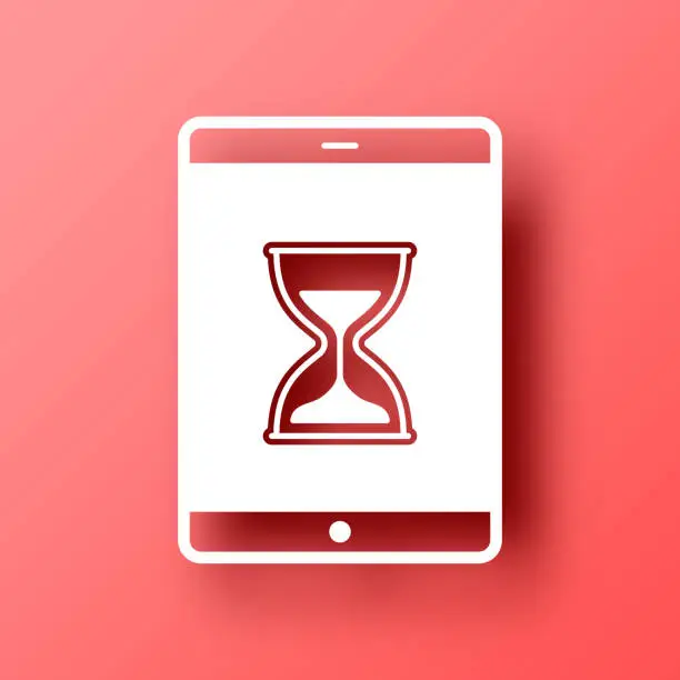 Vector illustration of Tablet PC with hourglass. Icon on Red background with shadow