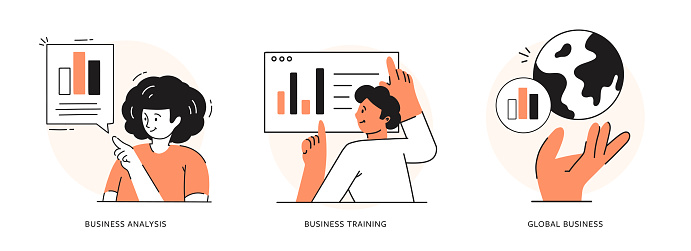 Business Analysis, Business Training, Global Business Cartoon Style Vector Thin Line Illustrations for web and mobile. Editable Stroke and adjustable colors.