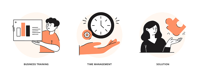 Business Training, Time Management, Problem Solution Cartoon Style Vector Thin Line Illustrations for web and mobile. Editable Stroke and adjustable colors.