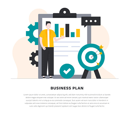 Business Plan Flat Design Colorful Vector Illustration.

A young man, clipboard, bull's eye, graph and other design elements.