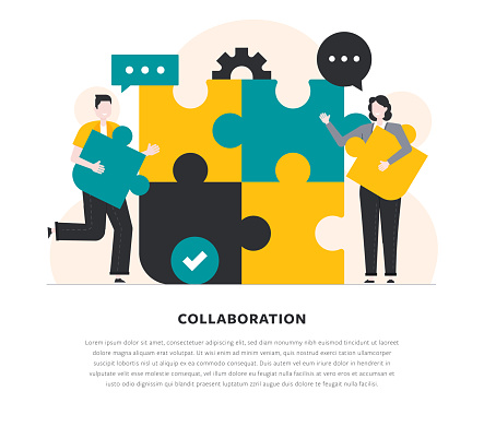 Collaboration Flat Design Colorful Vector Illustration.

A young man and a young woman putting jigsaw pieces together.