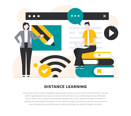 Distance Education Flat Design Colorful Vector Illustration. A young man using laptop, a young woman standing, an education web page, books, wireless icon and other design elements are isolated on a white background.