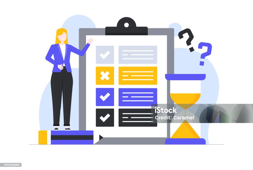Questionnaire Flat Design Illustration Questionnaire Flat Design Colorful Vector Illustration. A young woman, clipboard, hourglass, pencil and other design elements are isolated on a white background. Checkbox stock vector