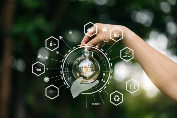 istock Hand holding anti nature light bulb on green leaf with renewable and sustainable development energy source icon. for renewable, love the world concept 1445125431