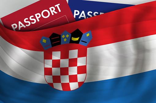 Croatian flag background and passport of Croatia. Citizenship, official legal immigration, visa, business and travel concept.