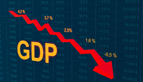 Falling GDP (Gross Domestic Product) rate. Red arrow moves down. Spreadsheet with financial data in the background. Economic slow down, shrinking business, weak economy and high unemplment. gdp stock pictures, royalty-free photos & images