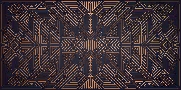 Vector abstract geometric golden background. Art deco wedding, party pattern, geometric ornament, linear style with leaves. Horizontal orientation luxury decoration element. Vector abstract geometric golden background. Art deco wedding, party pattern, geometric ornament, linear style with leaves. Horizontal orientation luxury decoration element gatsby stock illustrations