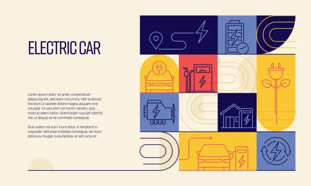 Vector illustration of Electric Car Related Design with Line Icons. Simple Outline Symbol Icons.