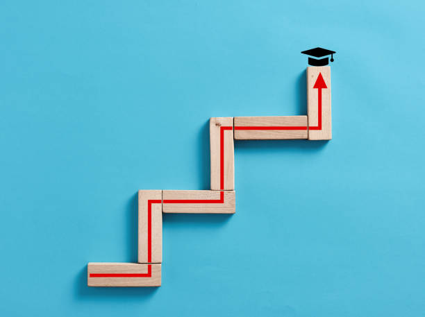 istock To get a diploma, degree and graduation in education concept. Wooden blocks stacking as step stair with ascending arrow with graduation cap symbol on top. 1445131766