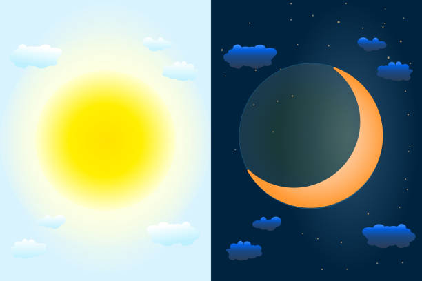 ilustraciones, imágenes clip art, dibujos animados e iconos de stock de cielo diurno y nocturno. sol y luna como concepto de día de equinoccio vernal u otoñal. - first day of spring