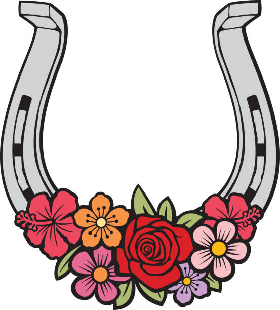 ilustrações, clipart, desenhos animados e ícones de ferradura com cor de flores (design floral). - horseshoe rusty nail old