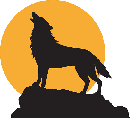 Silhouette of Howling Wolf and Full Moon. Vector Illustration.
