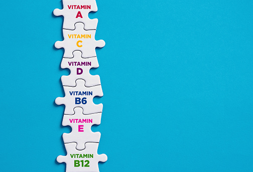 Vitamin supplement concept for the human body immune system. Need for vitamins and minerals. Vitamin icons connected on jigsaw puzzle.