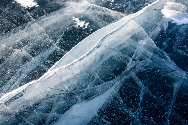 istock Ice on a frozen river in winter. Ice texture. Dark blue ice with white cracks. With copy space. 1445134058