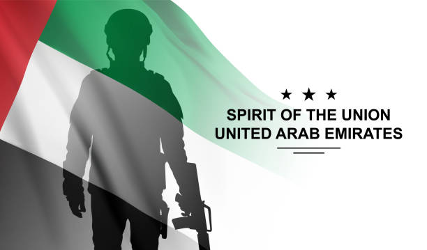 illustrations, cliparts, dessins animés et icônes de silhouette de soldat avec le drapeau des émirats arabes unis sur fond blanc. forces armées des émirats arabes unis. concept pour la journée de commémoration, la journée des martyrs, la fête nationale - air force uniform armed forces military