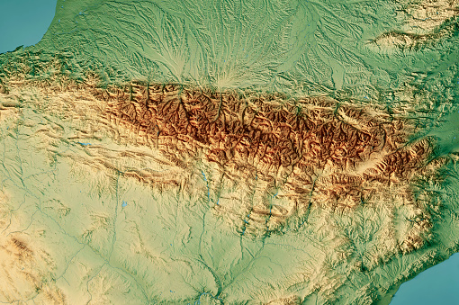 3D Render of a Topographic Map of the Pyrenees Mountain Range.\nAll source data is in the public domain.\nColor texture: Made with Natural Earth. \nhttp://www.naturalearthdata.com/downloads/10m-raster-data/10m-cross-blend-hypso/\nRelief texture and Rivers: NASADEM data courtesy of NASA JPL (2020).\nhttps://doi.org/10.5067/MEaSUREs/NASADEM/NASADEM_HGT.001 \nWater texture: SRTM Water Body SWDB:\nhttps://dds.cr.usgs.gov/srtm/version2_1/SWBD/