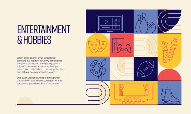 Vector illustration of Entertainment and Hobbies Related Design with Line Icons. Simple Outline Symbol Icons.