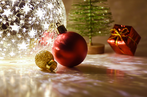 Christmas decoration with Christmas lights and Christmas ornaments