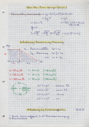 School student's notes on physics, in a school notebook about the about acceleration and deceleration processes
