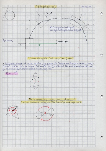 School student's notes on physics, in a school notebook about the on the processes of centrifugal and centripetal motion
