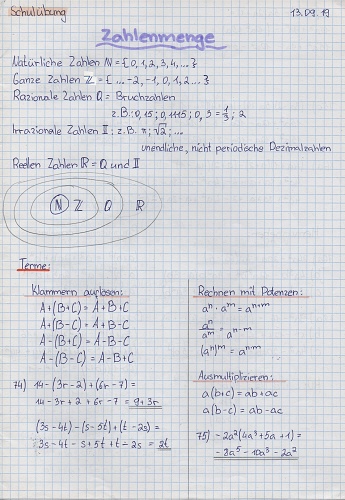 School student's notes on mathematics in a school notebook about numbers and their varieties