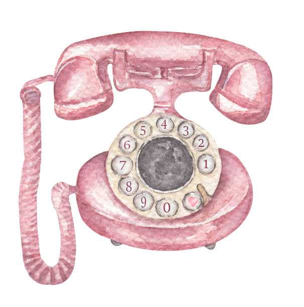 акварель рисованный ретро телефонный клипарт, розовый вращающийся диск античная телефонная иллюстрация. элемент для вырезок, изготовлени� - telephone receiver stock illustrations