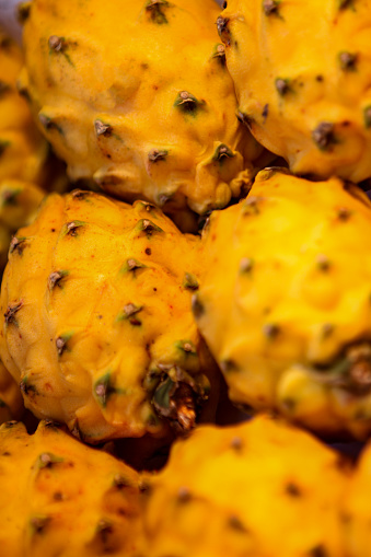 Closeup of the pitahaya (yellow dragon fruit) on the market