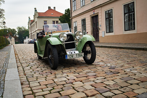 Prague, Czech Republic - October 1, 2022: Vintage green Aero car at the Prazska Noblesa event