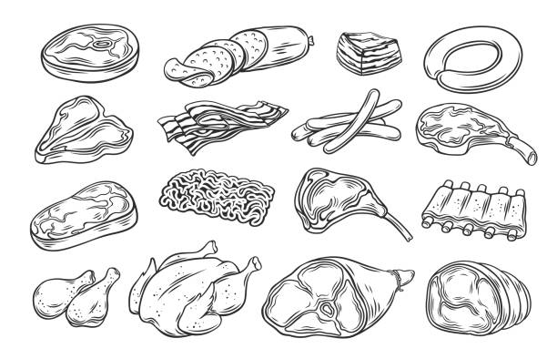 zestaw ikon konturu produktów mięsnych - meat steak sausage salami stock illustrations