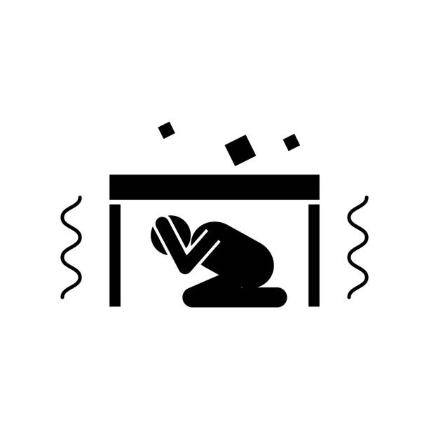 illustrazioni stock, clip art, cartoni animati e icone di tendenza di uomo che si nasconde sotto il tavolo durante l'icona del terremoto - hide