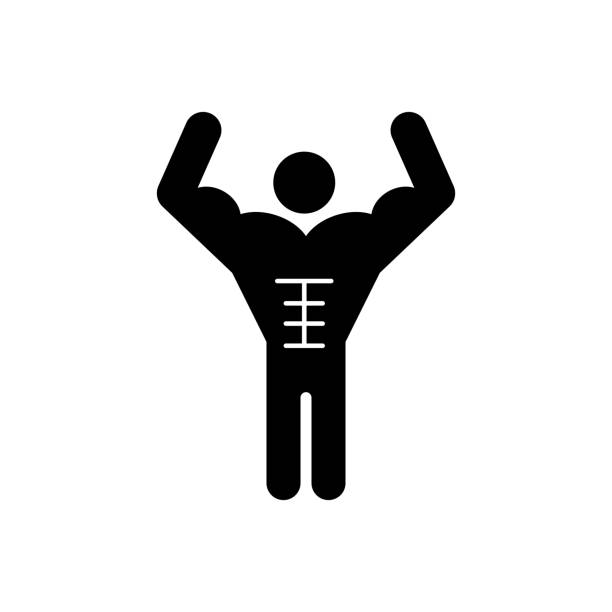 illustrazioni stock, clip art, cartoni animati e icone di tendenza di muscoloso uomo davanti doppio bicipite posa - bicep human arm macho flexing muscles