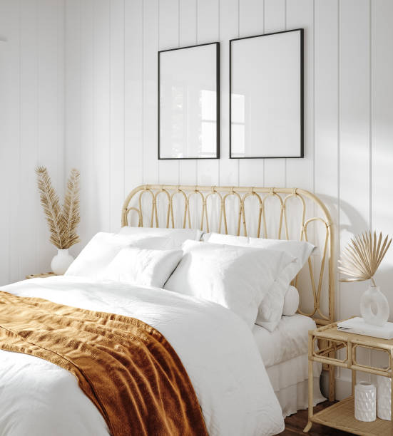 istock Mockup frame in bedroom interior background, Coastal boho style 1445140655