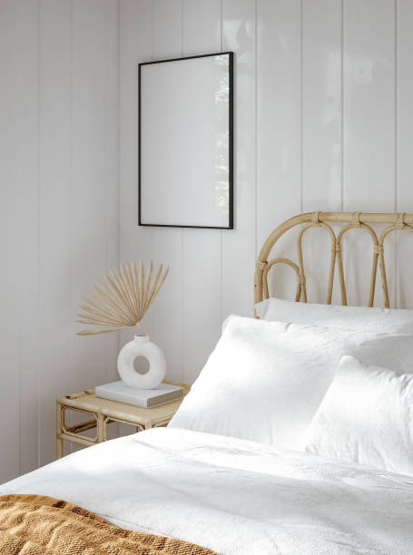istock Mockup frame in bedroom interior background, Coastal boho style 1445140831