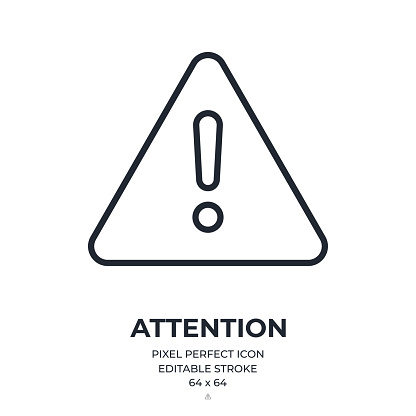 Attention, danger, alert, warning concept. Exclamation mark triangle editable stroke outline icon isolated on white background flat vector illustration. Pixel perfect. 64 x 64.