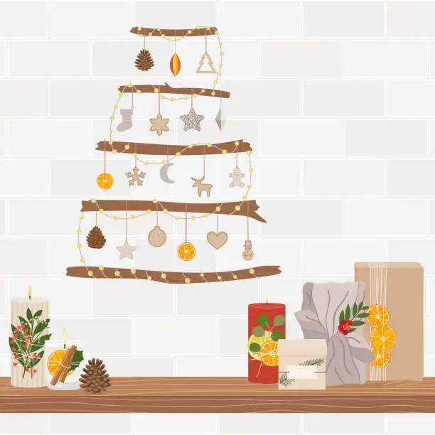 Vector illustration of Christmas gift boxes and candles on shelf, Christmas alternative sticks tree on wall. Merry Christmas banner, posters. Zero waste eco gifts. Hand drawn vector