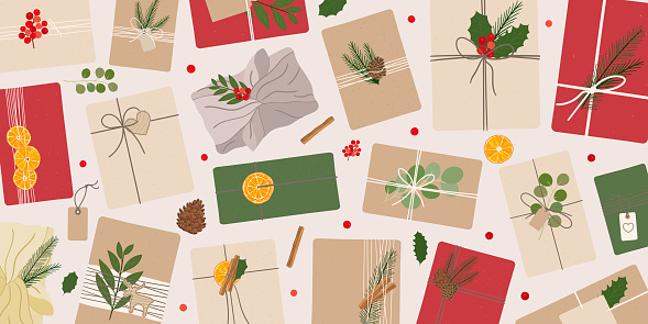 Christmas banner with craft gift boxes with dried oranges, fir, pine cone, winter greenery, berries. Zero waste eco gifts. Eco Christmas concept. Hand drawn vector