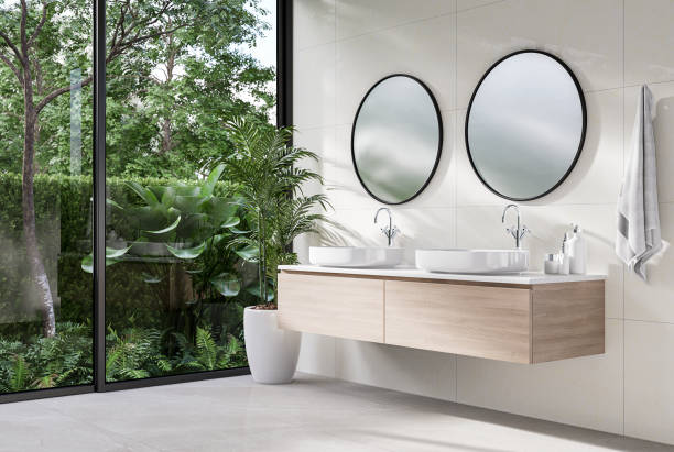 istock Modern luxury style restroom with tropical style nature view 3d render 1445142325