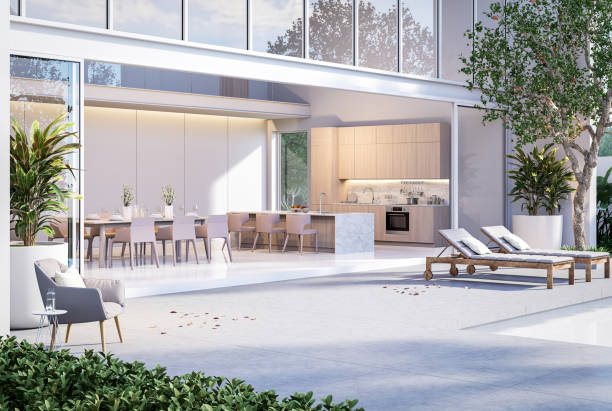 Modern style concrete terrace with dining room and kitchen in modern style white house background 3D render