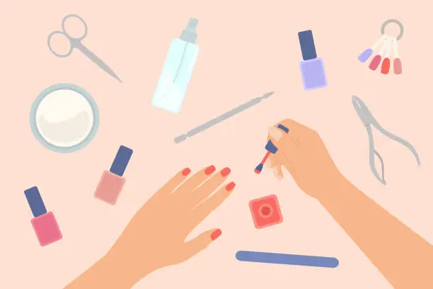 Vector illustration of Nail Care Concept. Manicured Female Hands And Applying Nail Polish On Fingernails. Manicure Equipments On Table