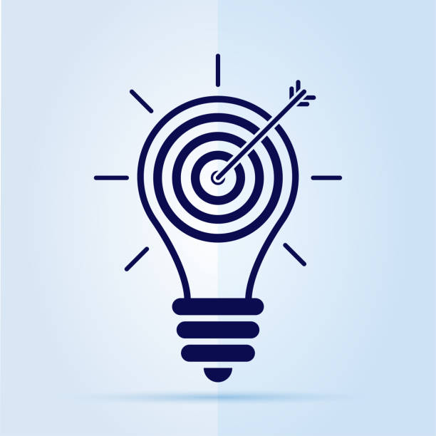 значок индикатора символа идеи с целью, на синем фоне. - colored background aspirations success achievement stock illustrations