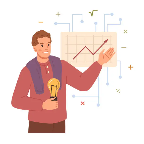Vector illustration of Arbitrary type thinking or mindset, isolated man reflecting on analysis and creative solutions of problems. Showing chart. Cartoon character, vector in flat style