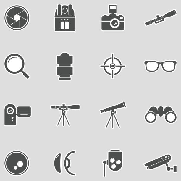 ikony obiektywu. projekt naklejki. ilustracja wektorowa. - focus binoculars spy eyesight stock illustrations