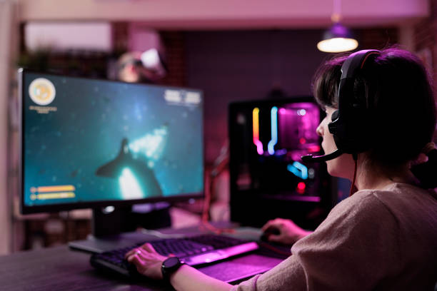 istock Modern person playing video games online on live stream 1445148039