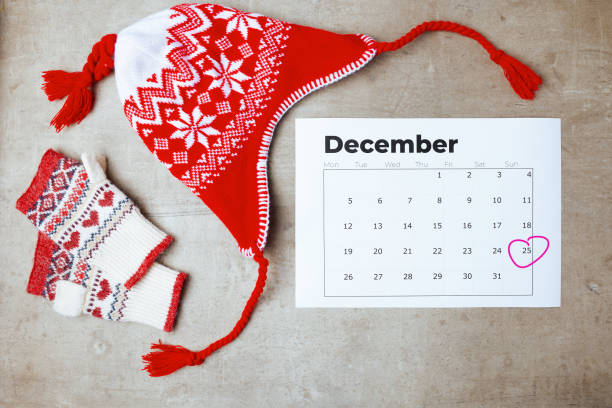 winter flat lay with hat, december calendar and mittens stock photo