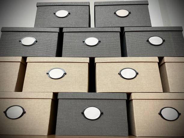 istock close-up of boxes with empty white labels standing in a row 1445150792